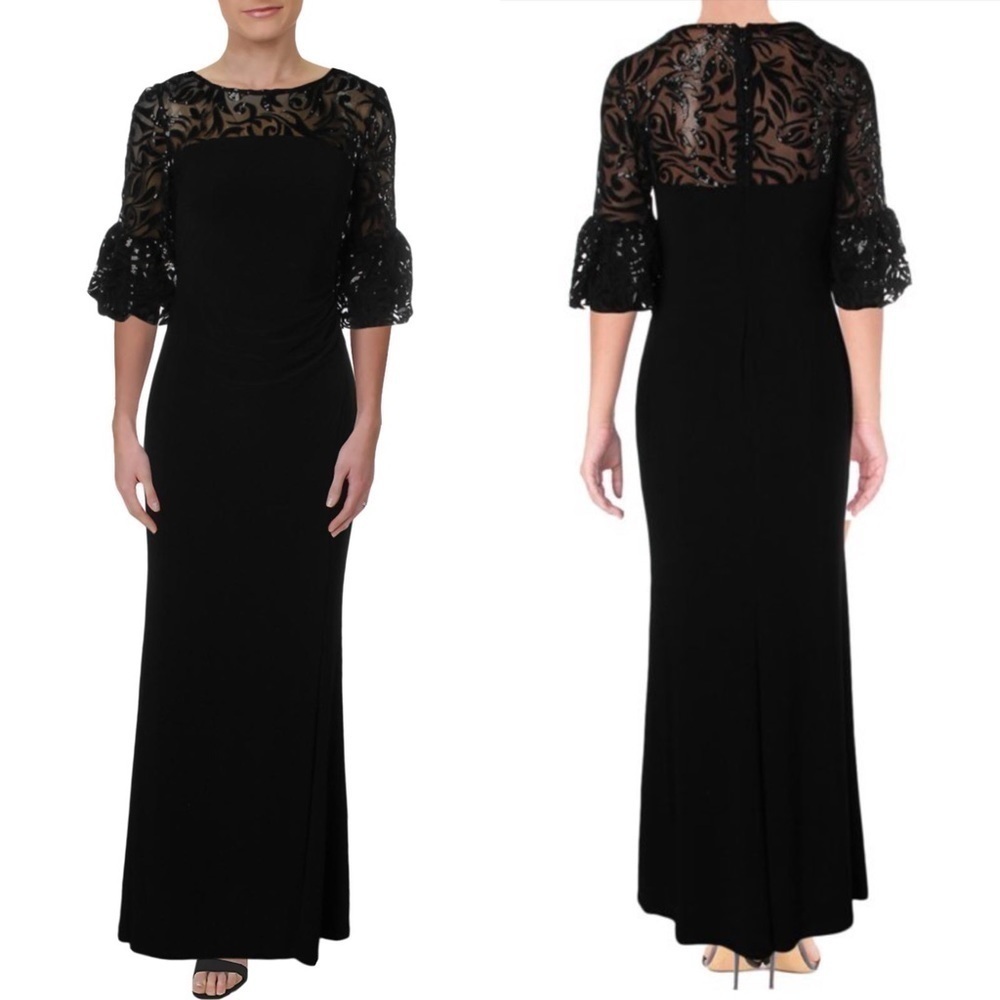 LAUREN RALPH LAUREN DECKER JERSEY SHEER YOKE 1/2 RUFFLE SLEEVE SEQUIN DRESS GOWN
